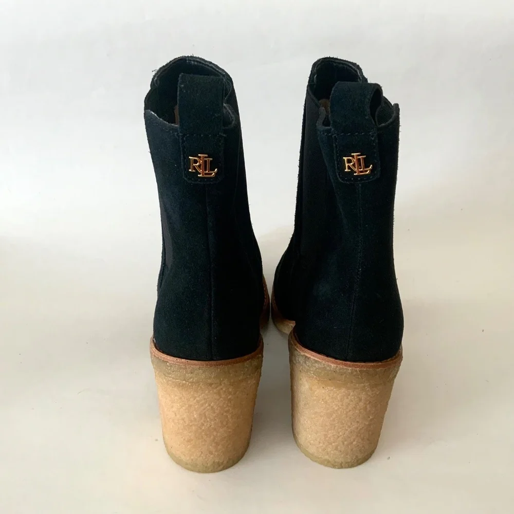 Ralph Lauren Marianna Black Suede Pull-On Chelsea Booties Block Heel Ankle Boots